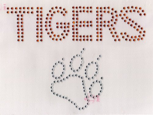 Tigers/ Paw Iron on Hot Fix Rhinestone Transfer -- Orange&Clear, 6.5" x 5"